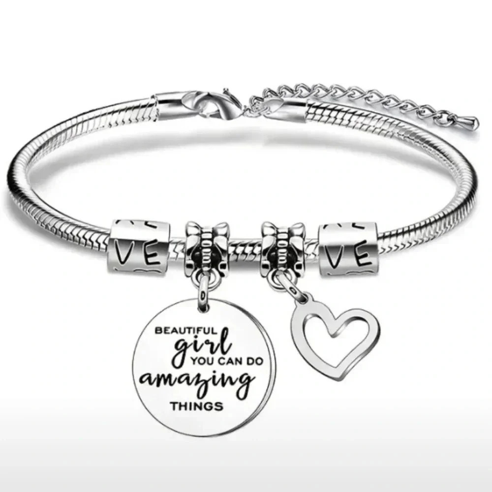 Gift for daughter inspirational adjustable dangle charm bracelet silver tone new